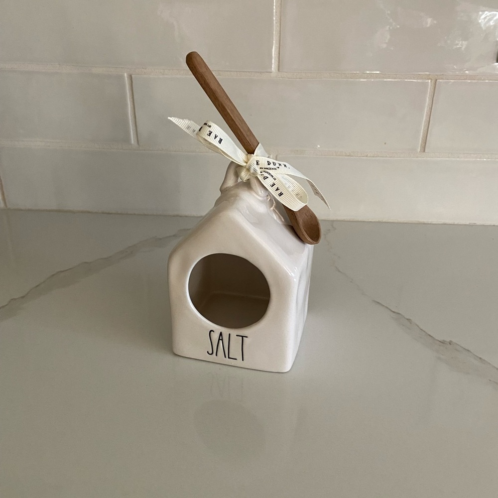 Rae Dunn salt holder with wooden spoon
